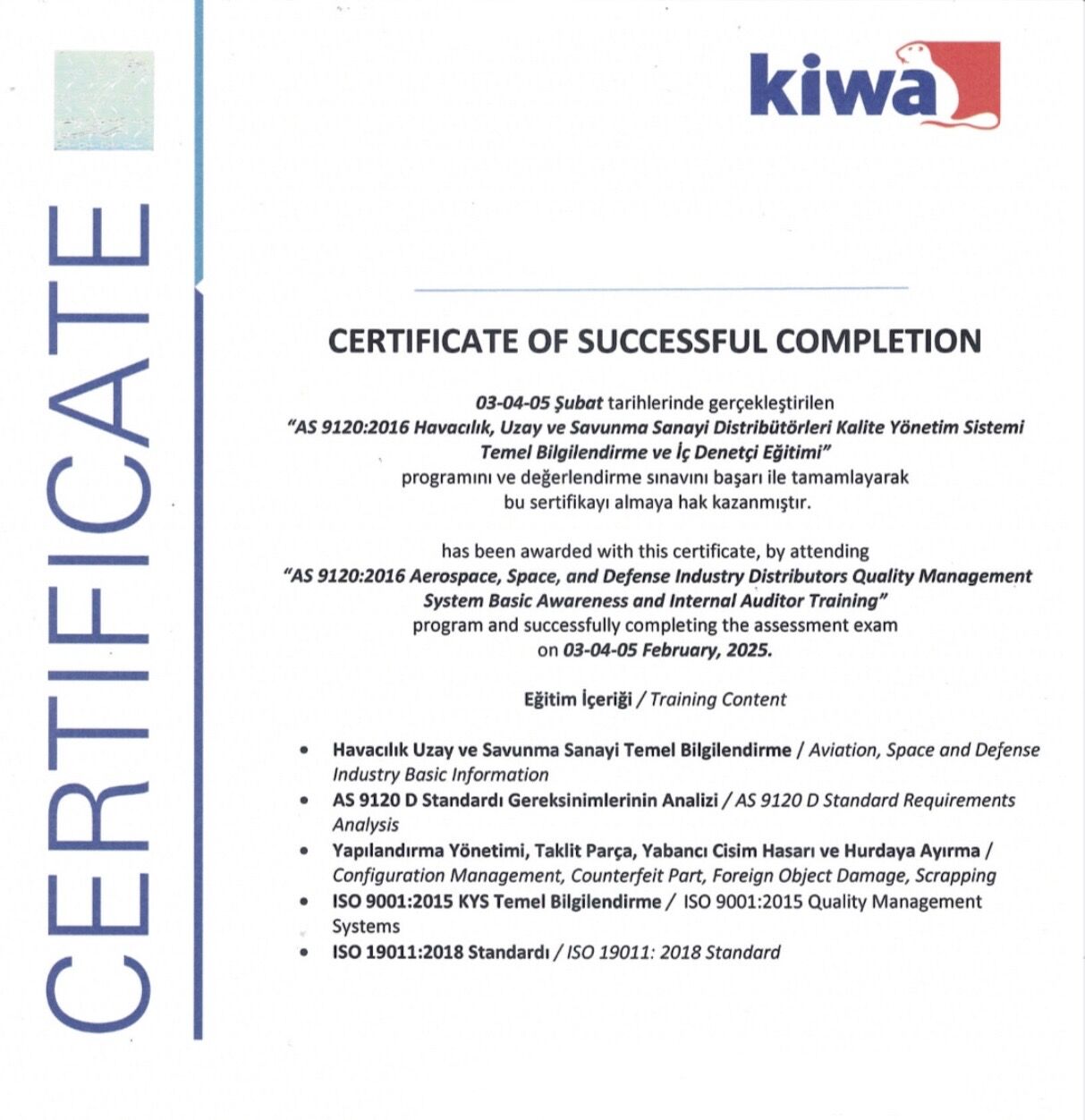 Quality Management System Standard AS/EN 9120 Basic Training Program